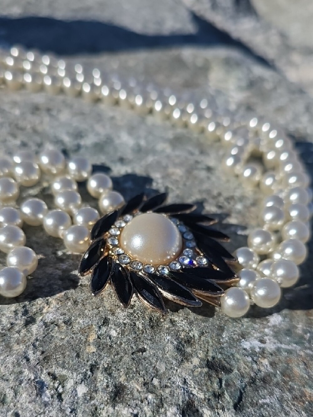 Triple-Strand White Faux Pearl Necklace with Crystal Floral Accent - Picture 3 of 5